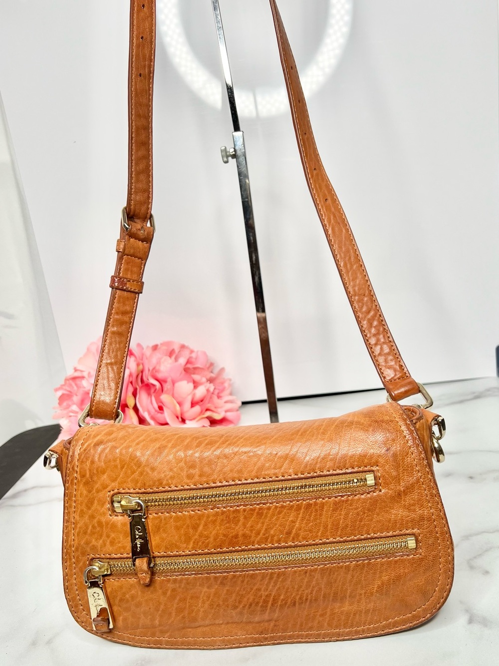 COLE HAAN BRITISH TAN TEXTURED LEATHER DOUBLE ZIP FLAP CROSSBODY BAG